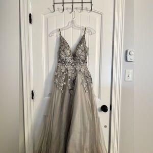 Embroidered Tulle Prom Dress in Taupe